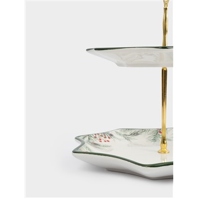 Подставка для пирожных, 25х20/24 см, 2 яруса, керамика D/металл, Еловые ветки, Festival