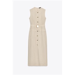 LINEN BLEND BUCKLE MIDI DRESS
