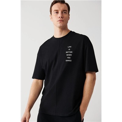 Avva Erkek Siyah Oversize %100 Pamuk Bisiklet Yaka Slogan Baskılı T-shirt A31y1178 A31Y1178