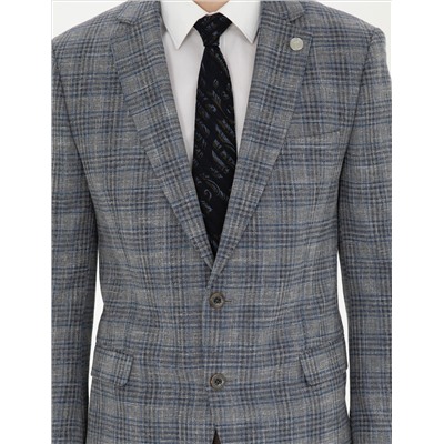 Gri Ex. Slim Fit Yün Karışımlı Ekose Ceket