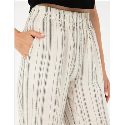 Ekru Dokulu Yüksek Bel Loose Fit Pantolon