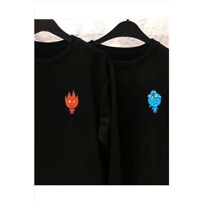 BYMEERSiyah Çift Kombini Ateş Ve Su Baskılı Bisiklet Yaka Sweatshirt