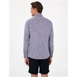 Lacivert Keten Görünümlü Slim Fit Uzun Kollu Gömlek