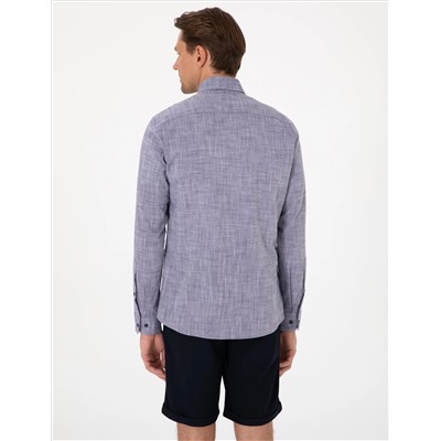 Lacivert Keten Görünümlü Slim Fit Uzun Kollu Gömlek