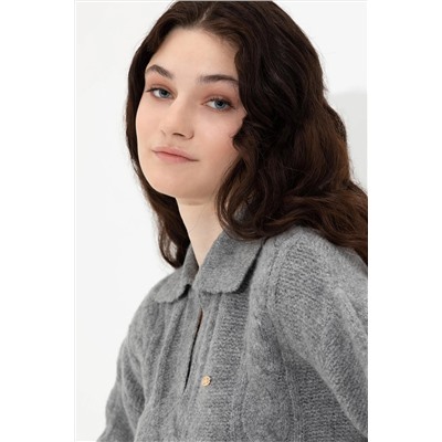 Kadın Gri Melanj V - Yaka Kazak