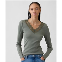 Ribbed Lace-Trim Top