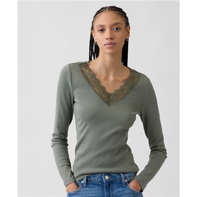 Ribbed Lace-Trim Top