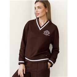 Свитшот среднего объема с V вырезом и принтом из футера двухнитки с эластаном