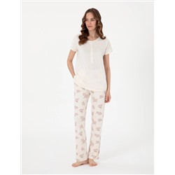 Krem Kısakollu Lohusa Pijama Takımı
