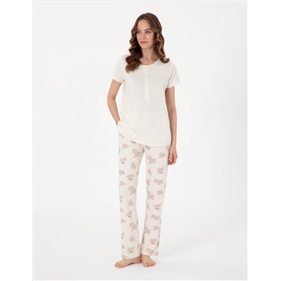 Krem Kısakollu Lohusa Pijama Takımı