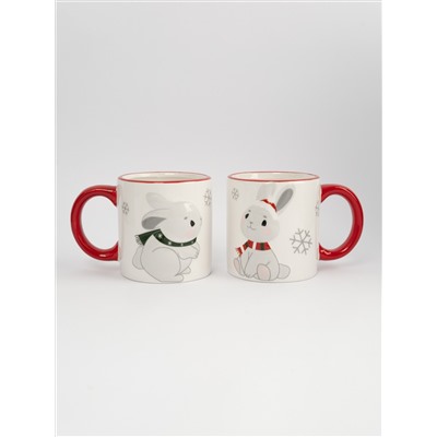 Кружка, детская, 360 мл, 2 шт, керамика, молочно-красная, Зайчики в шарфах, New year