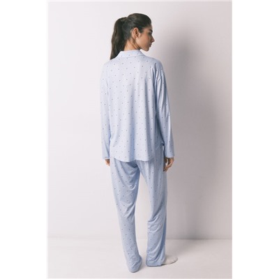 Pijama camisero largo azul estampado puntos