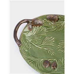 Блюдо, 29х19 см, с ручками, керамика D, зеленое, Шишки на еловой ветке, Fir branch