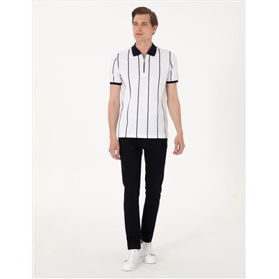 Lacivert Çizgi Detaylı Slim Fit Polo Yaka Tişört
