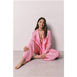 Pijama camisero largo satén rosa