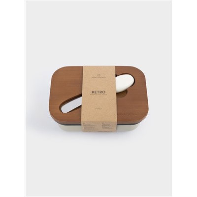 Масленка, 16х11 см, с ножом, металл/дерево, прямоугольная, бежевая, Retro