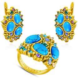 Комплект (бирюза, кристаллы микс; покрытие золото)