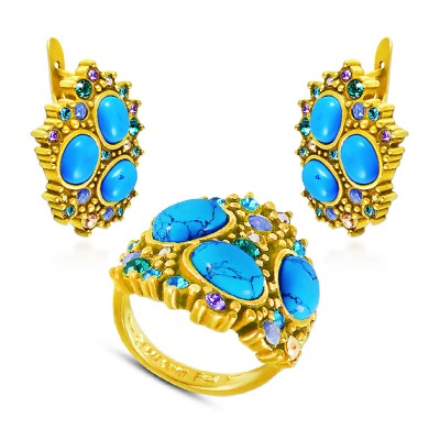 Комплект (бирюза, кристаллы микс; покрытие золото)