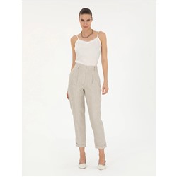 Bej Keten Karışımlı Carrot Fit Pantolon