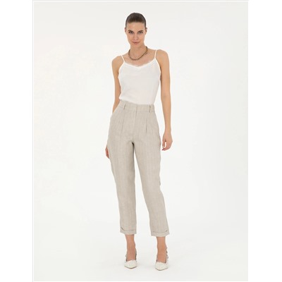 Bej Keten Karışımlı Carrot Fit Pantolon