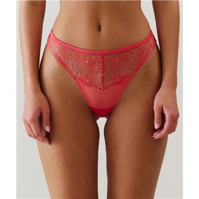 Tanga de malla con bordado floral rosa