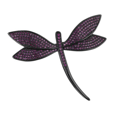 Брошь Стрекоза (фианит фуксия; покрытие черный родий), Есть комплект