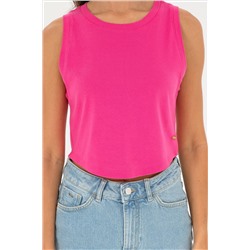Kadın Fuşya Bisiklet Yaka Crop Basic Tişört