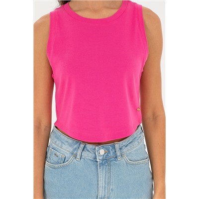 Kadın Fuşya Bisiklet Yaka Crop Basic Tişört