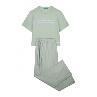 Pijama largo 100% algodón verde estampado rayas