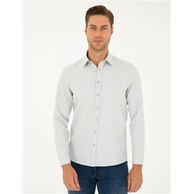 Gri Slim Fit Armürlü Uzun Kollu Gömlek