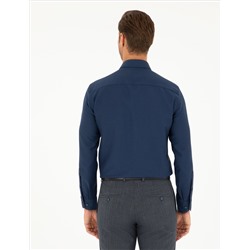 Lacivert Slim Fit Armürlü Uzun Kollu Gömlek