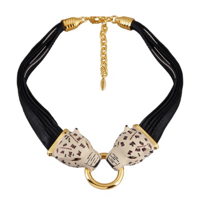 Колье Леопард (эмаль матовая бежевая, кристаллы SW черные; покрытие золото), Есть комплект