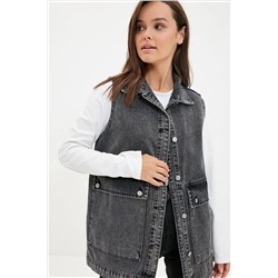 TRENDYOL MODEST Antrasit Gömlek Yaka Cep Detaylı %100 Pamuk Denim Yelek Ceket TCTAW22CK0006