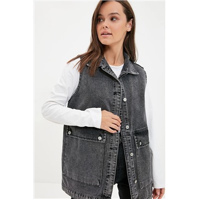 TRENDYOL MODEST Antrasit Gömlek Yaka Cep Detaylı %100 Pamuk Denim Yelek Ceket TCTAW22CK0006