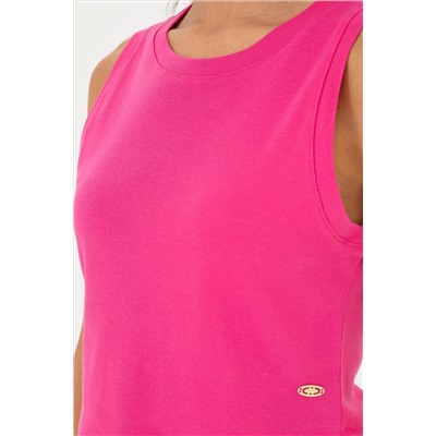 Kadın Fuşya Bisiklet Yaka Crop Basic Tişört