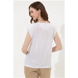 Kadın Beyaz Bisiklet Yaka Kolsuz Tişört