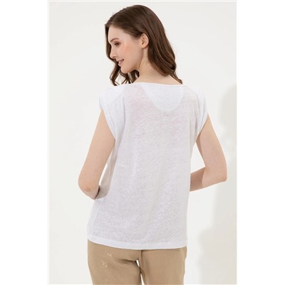 Kadın Beyaz Bisiklet Yaka Kolsuz Tişört