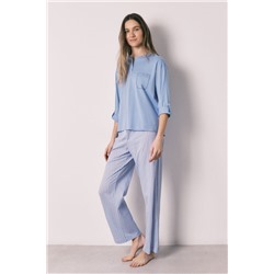 Pijama largo algodón pantalón rayas azul