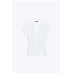 LINEN BLEND BELTED BLOUSE