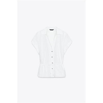 LINEN BLEND BELTED BLOUSE