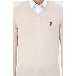 Erkek Slim Fit V Yaka Krem Melanj Basic Kazak