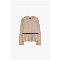 BELTED FAUX SUEDE PEPLUM JACKET