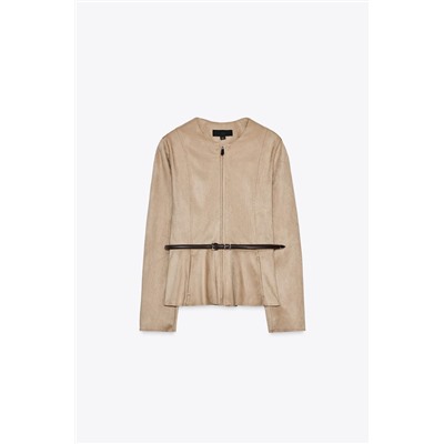 BELTED FAUX SUEDE PEPLUM JACKET