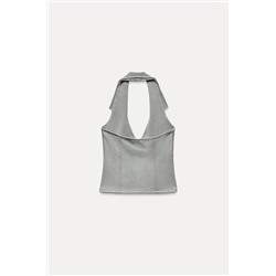 FADED-EFFECT INTERLOCK HALTER POLO TOP