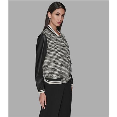 MIXED MEDIA TWEED VARSITY JACKET