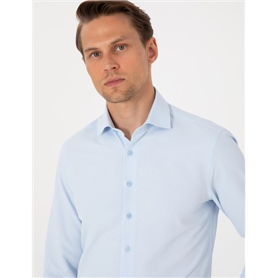 Açık Mavi Slim Fit Uzun Kollu Armürlü Gömlek