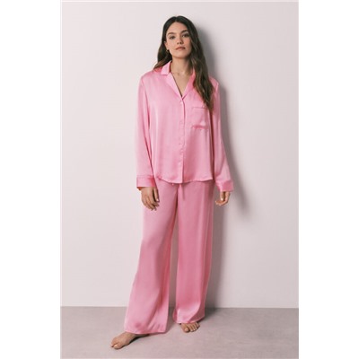 Pijama camisero largo satén rosa