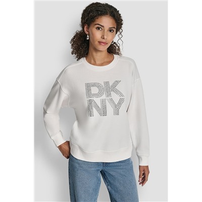 DKNY NEW YORK STACKED MIXED RHINESTONE LOGO SWEATSHIRT