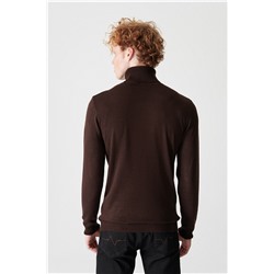 Kahverengi Tam Balıkçı Yaka Tüylenmeyen Triko Kazak