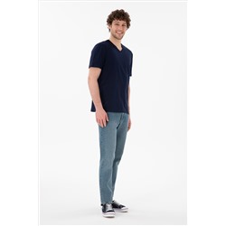 Erkek Regular Fit  V Yaka Lacivert Basic Tişört